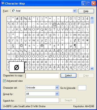 Character Map med valgt 